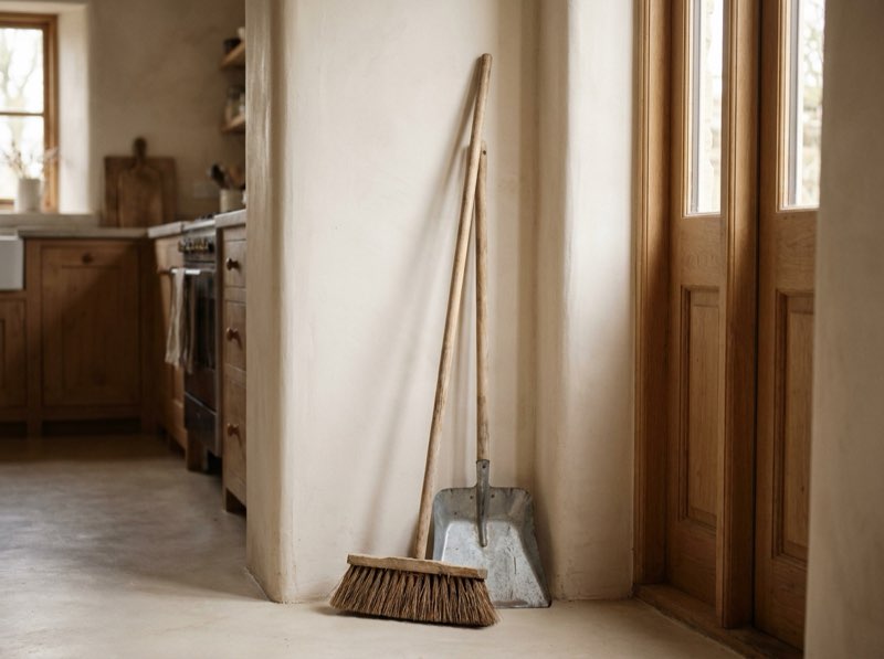 A wooden-handled broom and dustpan against a plaster wall.