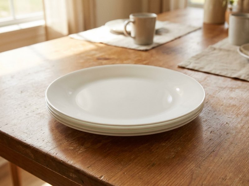 A stack of plain white dinner plates on a table.