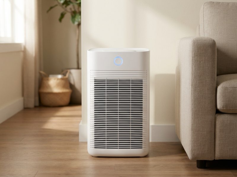 A slim white air purifier tower beside a sofa.