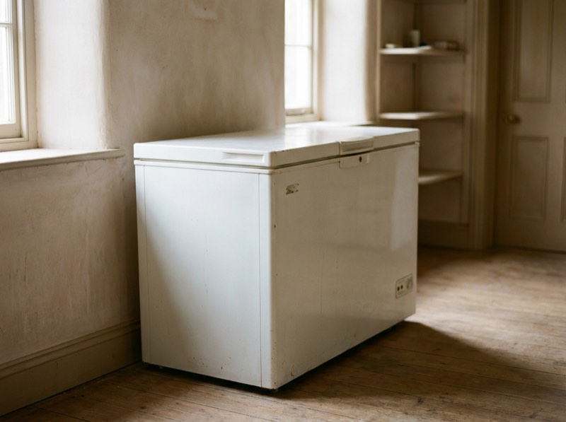 A white chest freezer against a garage wall.