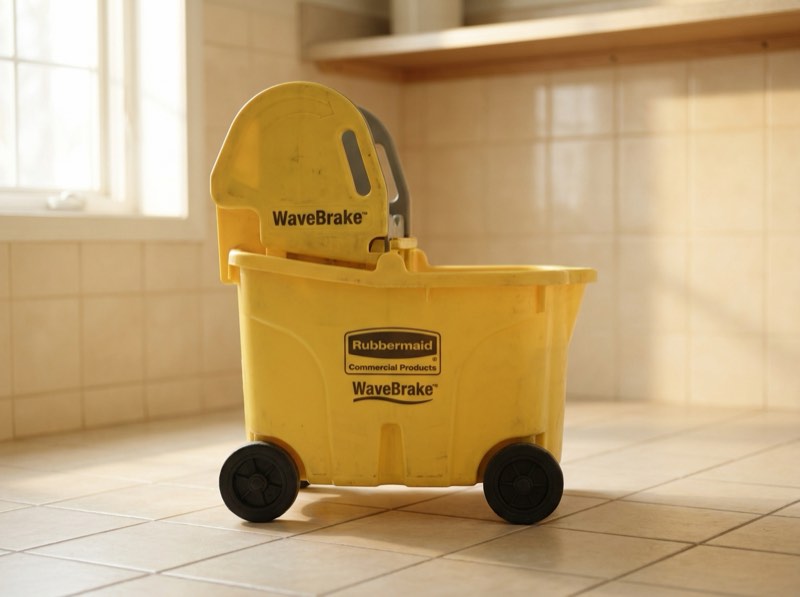 A yellow mop bucket with a down-press wringer.