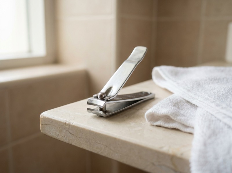 A small stainless nail clipper on a bathroom shelf.