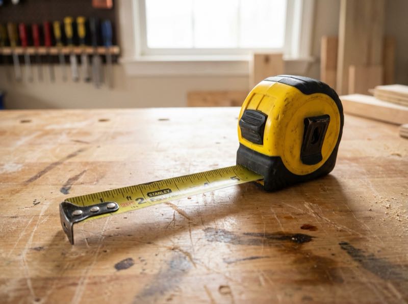 A yellow tape measure on a garage workbench.